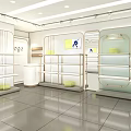 Modern Retail Store Front With Glass Windows Shelves Displaying Yellow Items And White Cabinets