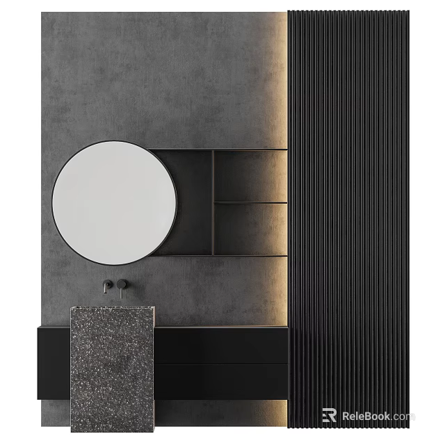 Modern Bathroom Washbasin Design With Round Mirror Gray Wall Black Cabinet And Shelves 3d model 
