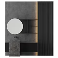 Modern Bathroom Washbasin Design With Round Mirror Gray Wall Black Cabinet And Shelves