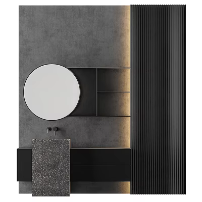 Modern Bathroom Washbasin Design With Round Mirror Gray Wall Black Cabinet And Shelves 3d model