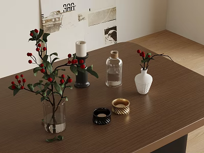 Wooden Table Decor with Glass Vase Red Berries Green Leaves and White Vase 3d model