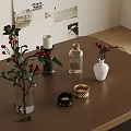 Wooden Table Decor with Glass Vase Red Berries Green Leaves and White Vase