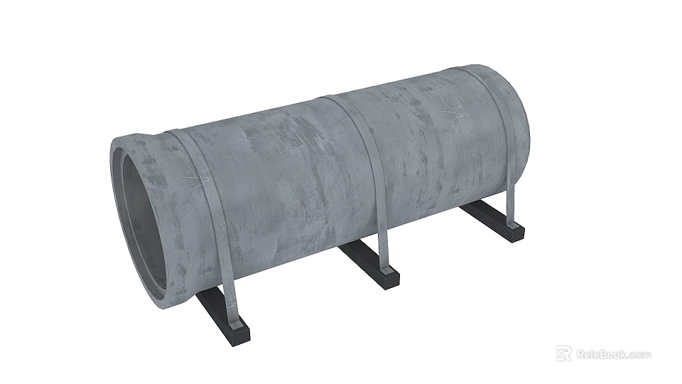 Cylindrical Gray Concrete Pipe with Black Metal Support Stands on White Background 3d model