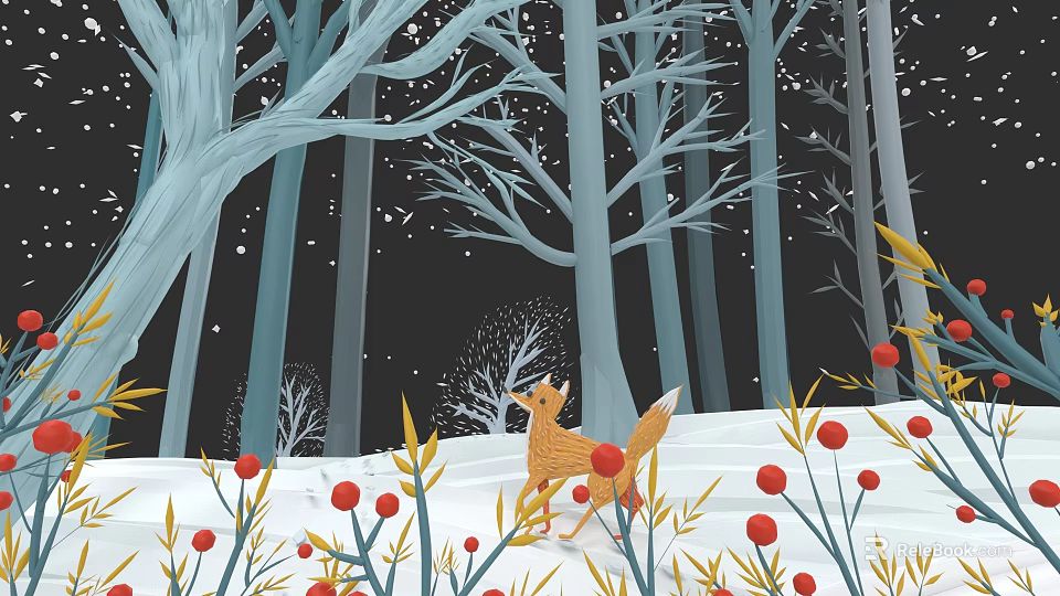 Snowy Winter Forest Scene With Red Berries And Fox Illustration 3d model 