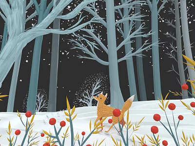 Snowy Winter Forest Scene With Red Berries And Fox Illustration 3d model