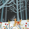 Snowy Winter Forest Scene With Red Berries And Fox Illustration