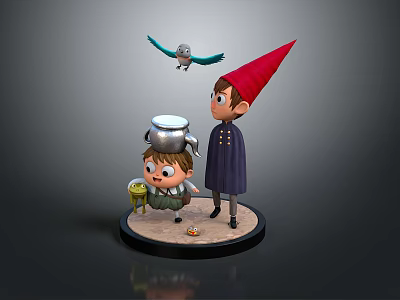 Miniature Scene Model With Red Hatted Figure Small Character Cauldron Bird And Base 3d model