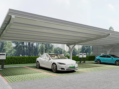 Modern Covered Parking Lot With Cars Green Landscaping Patterned Pavement And Signage 3d model