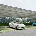 Modern Covered Parking Lot With Cars Green Landscaping Patterned Pavement And Signage