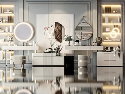 Elegant Modern Dressing Table Interior With Round Mirror Hanging Lights And Decorative Plants 3d model