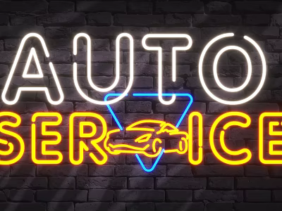 Neon Decorative Lights Auto Service Sign with Brick Wall Background White Yellow Blue Colors 3d model