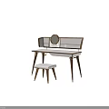 Modern Elegant Dressing Table with Round Mirror White Top and Wooden Stool