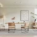 Minimalist Modern Dining Room Featuring Long Table Chairs Abstract Painting Floor Lamp And Greenery