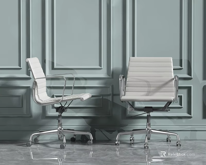 White Office Chairs With Metal Frame And Wheels Against Light Blue Decorative Wall 3d model 