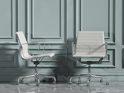 White Office Chairs With Metal Frame And Wheels Against Light Blue Decorative Wall 3d model