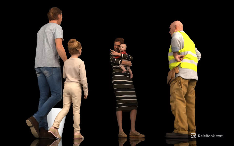 Group of people with man woman child baby and worker interacting in black background 3d model 
