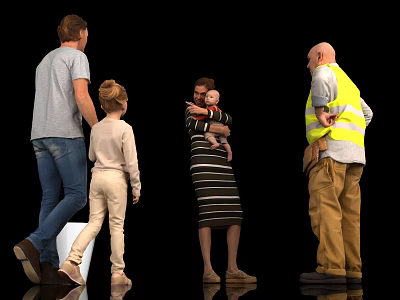 Group of people with man woman child baby and worker interacting in black background 3d model