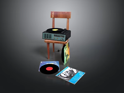 Vintage Vinyl Record Player On Wooden Chair With Vinyl Records And Album Covers 3d model