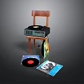 Vintage Vinyl Record Player On Wooden Chair With Vinyl Records And Album Covers