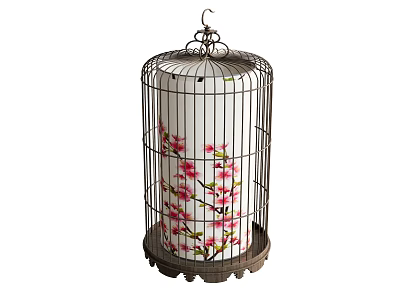 Birdcage Shaped Decorative Lantern with White Body and Pink Plum Blossom Patterns 3d model