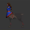 Woman in Blue Dress With Red Belt Arms Outstretched and Deer Legs Red Decorations