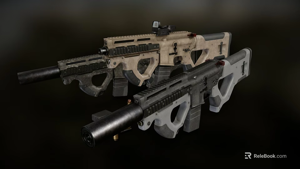 Two Tactical Rifles With Scope And Tactical Accessories In Tan And Gray 3d model 