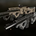 Two Tactical Rifles With Scope And Tactical Accessories In Tan And Gray