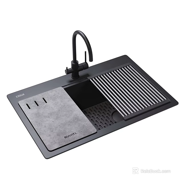 Black Single Bowl Granite Composite Kitchen Sink With Faucet Drainboard And Modern Design 3d model 