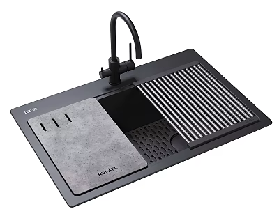 Black Single Bowl Granite Composite Kitchen Sink With Faucet Drainboard And Modern Design 3d model