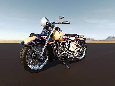 Vintage Yellow And Black Motorcycle With Flame Graphics On Open Road Under Sky 3d model