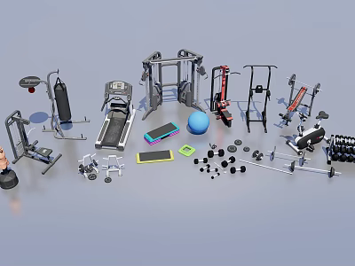 Fitness Equipment With Treadmill Dumbbells Exercise Ball Barbells Weight Bench And Elliptical Trainer 3d model