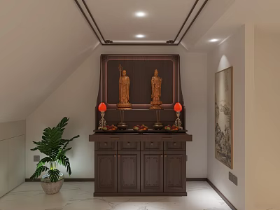Chinese Study Room Interior with Wooden Cabinet Golden Buddha Statues Red Lamps and Green Plant 3d model