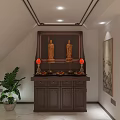 Chinese Study Room Interior with Wooden Cabinet Golden Buddha Statues Red Lamps and Green Plant