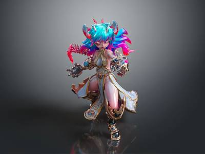 Colorful 3D Character Figurine With Blue Pink Hair Horns And Ornate Costume For Home Decor 3d model