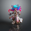 Colorful 3D Character Figurine With Blue Pink Hair Horns And Ornate Costume For Home Decor