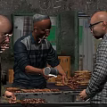 Street Food Stall Preparing Grilled Kebabs And Serving Customers