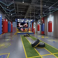 Modern Fitness Gym Interior With Boxing Ring Training Equipment Screen And Rest Seats