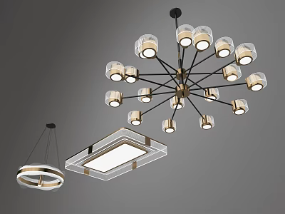 Modern Stylish Lighting Combination With Chandelier Ceiling Light And Glass Shades 3d model