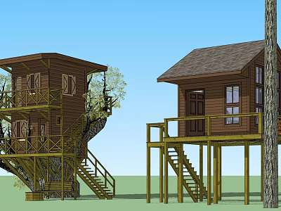 Two Wooden Elevated Tree House Designs With Stairs And Balconies 3d model