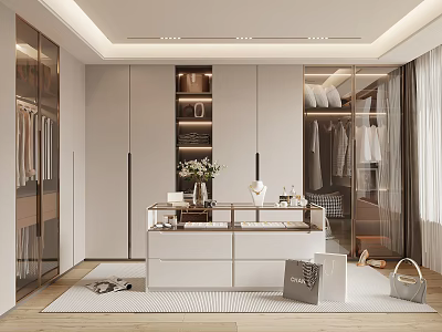 Modern Walk in Closet With Wardrobes Display Table Floral Decor And Bags 3d model