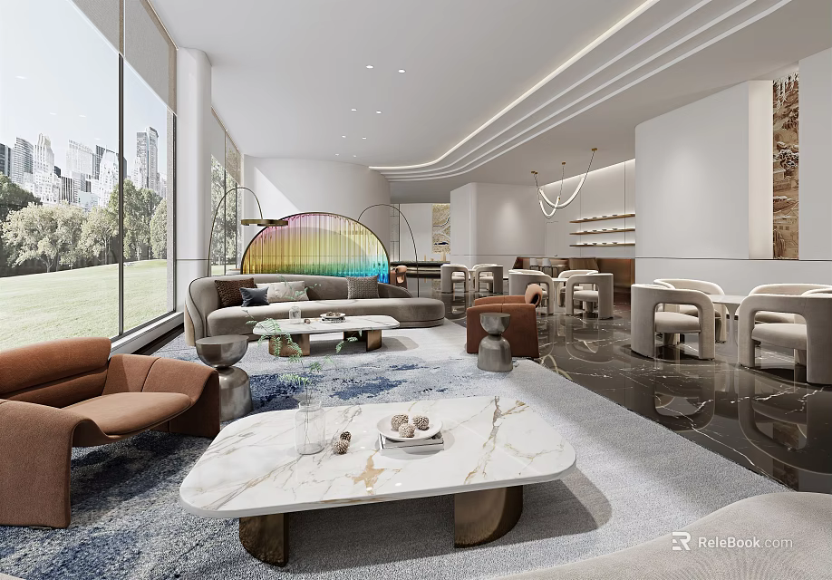 Modern Lounge Area Interior With Comfortable Sofas Marble Tables And Large Windows 3d model