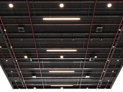 Black Ceiling With Red Pipes Linear And Round Lights And Vents 3d model