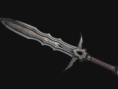 Medieval Decorative Sword With Ornate Blade Distinctive Hilt Guard And Woven Handle 3d model