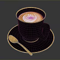 Black Coffee Cup With Gold Rim And Latte Art On Black Saucer With Gold Spoon
