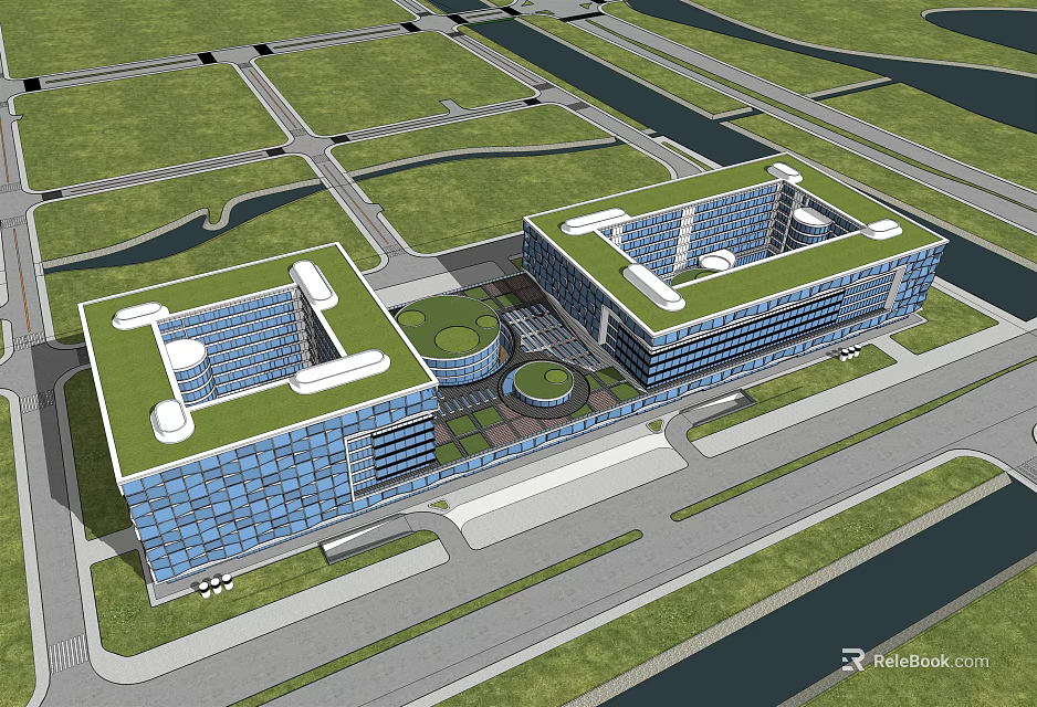 Modern Office Building Complex With Blue Glass Facade Green Roof And Surrounding Roads Green Spaces 3d model 