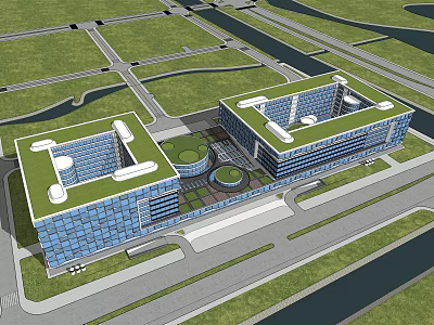 Modern Office Building Complex With Blue Glass Facade Green Roof And Surrounding Roads Green Spaces 3d model