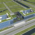 Modern Office Building Complex With Blue Glass Facade Green Roof And Surrounding Roads Green Spaces