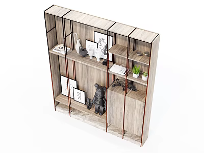 Wooden Shelf Unit With Multiple Shelves Decorative Items Photo Frames And Potted Plants 3d model