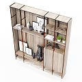 Wooden Shelf Unit With Multiple Shelves Decorative Items Photo Frames And Potted Plants
