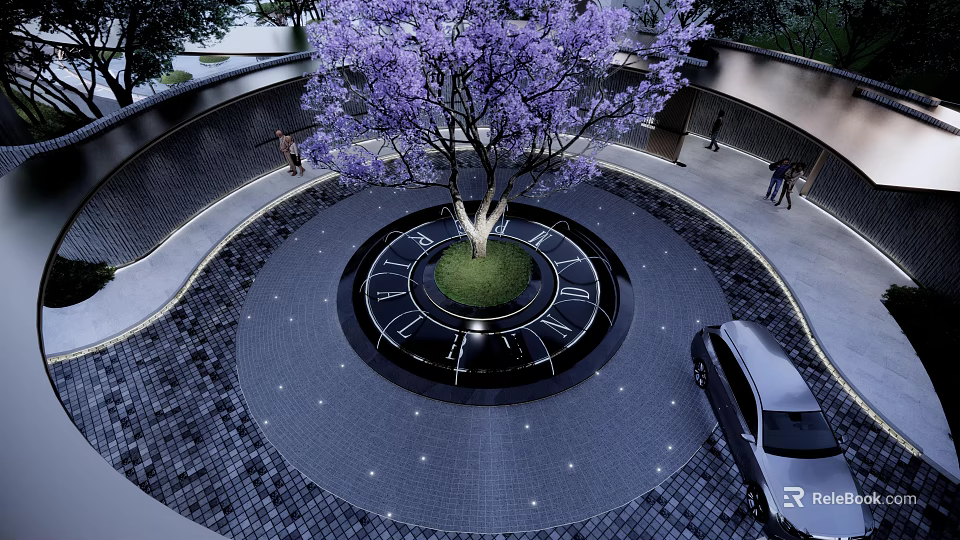 Circular Garden Landscape With Purple Flowering Tree Paved Ground People And Car 3d model 